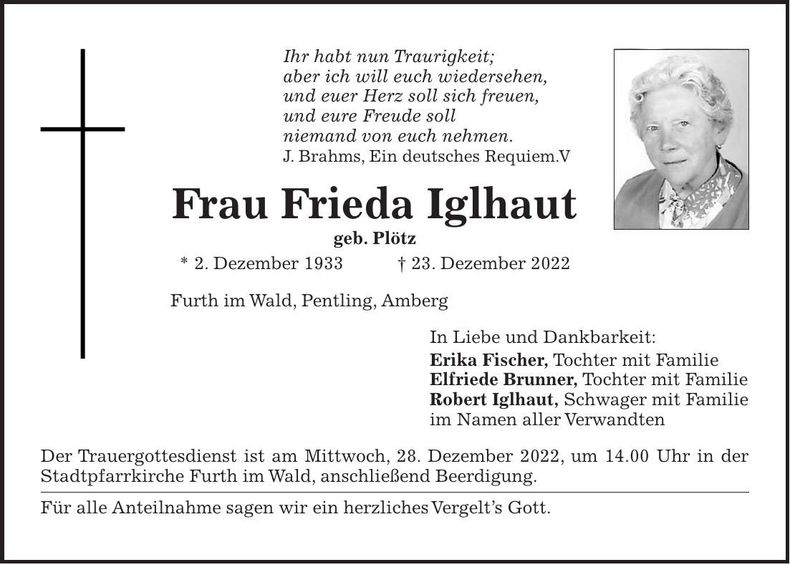 Traueranzeige Frieda Iglhaut