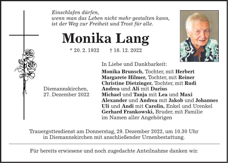 Traueranzeige Monika Lang