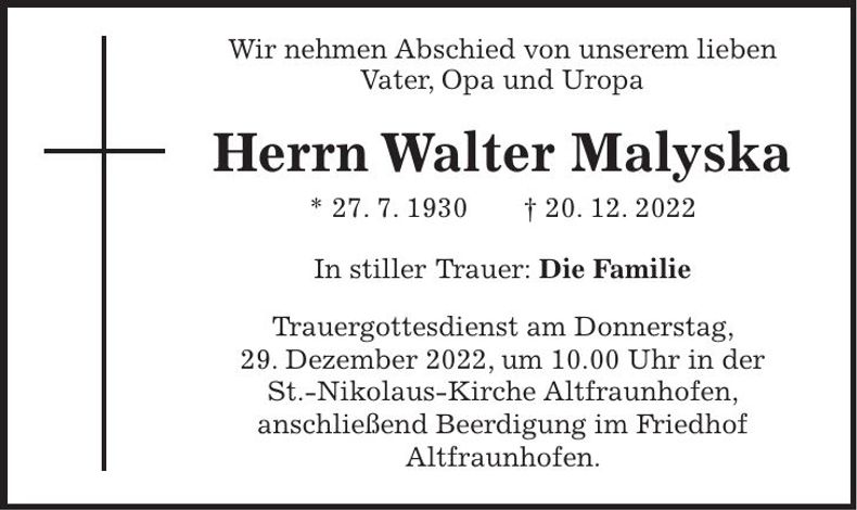 Traueranzeige Walter Malyska