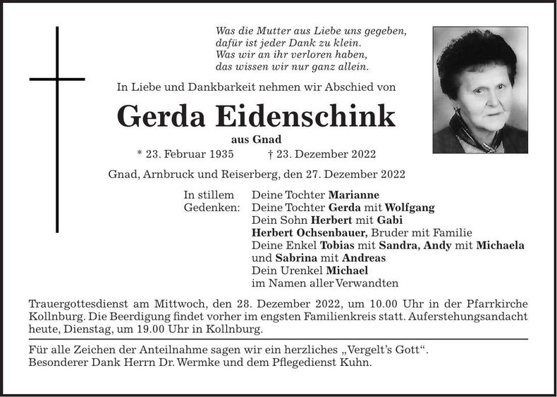 Traueranzeige Gerda Eidenschink