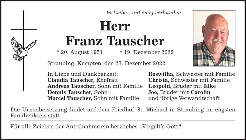 Traueranzeige Franz Tauscher