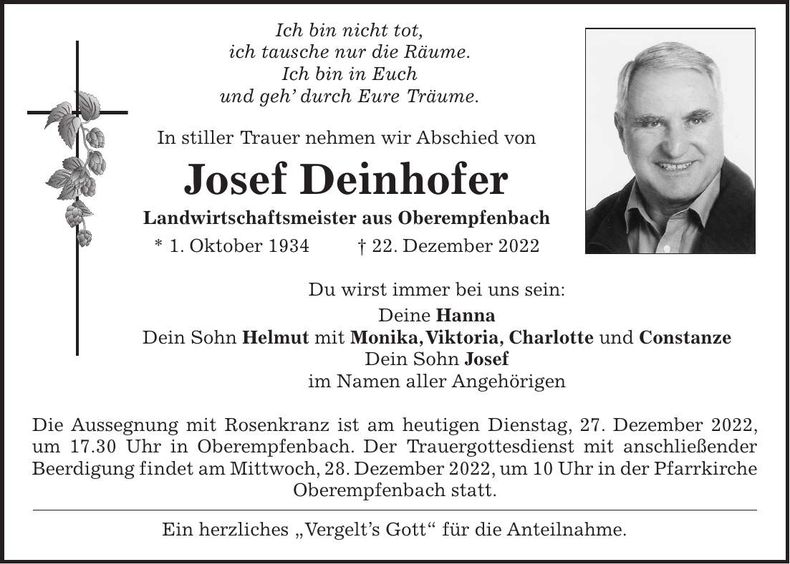 Traueranzeige Josef Deinhofer