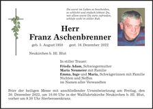Traueranzeige Franz Aschenbrenner