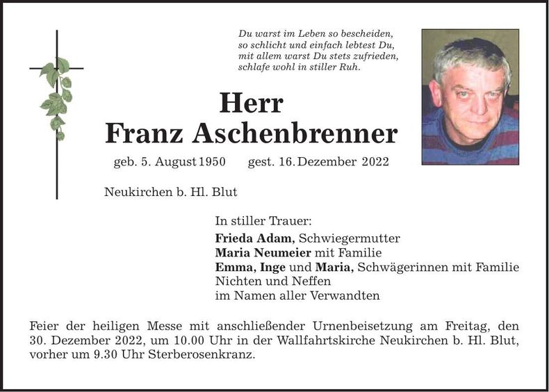 Traueranzeige Franz Aschenbrenner