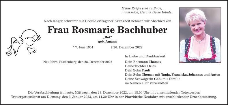 Traueranzeige Rosmarie Bachhuber
