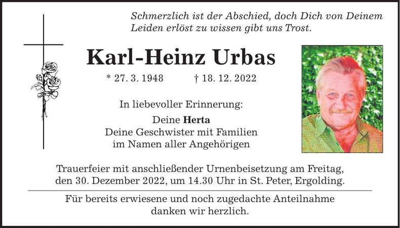 Traueranzeige Karl-Heinz Urbas