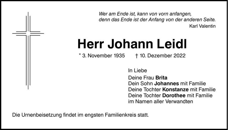 Traueranzeige Johann Leidl