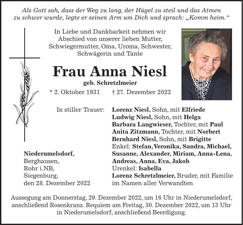 Traueranzeige Anna Niesl