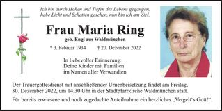 Traueranzeige Maria Ring