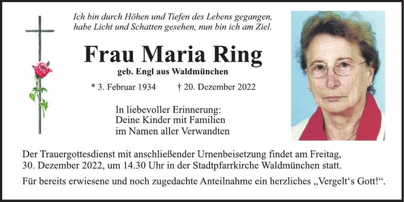 Traueranzeige Maria Ring