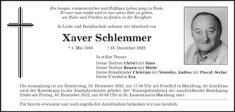 Traueranzeige Xaver Schlemmer