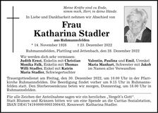 Traueranzeige Katharina Stadler