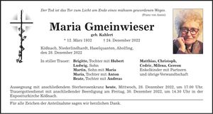 Traueranzeige Maria Gmeinwieser
