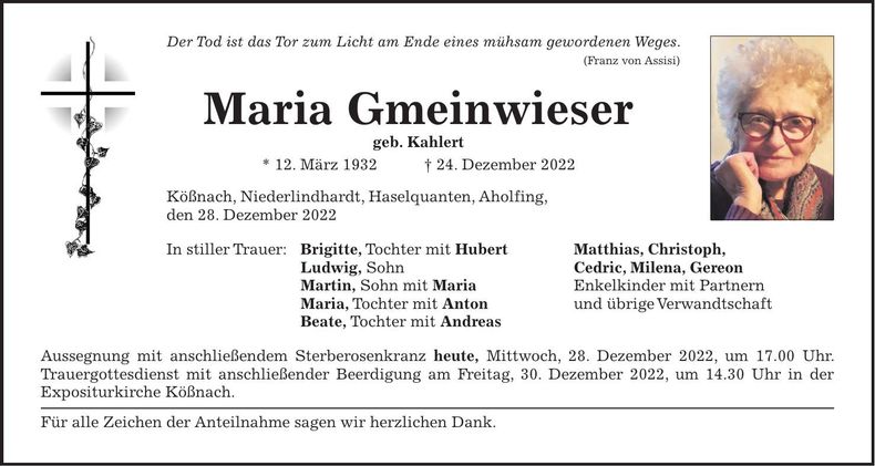 Traueranzeige Maria Gmeinwieser