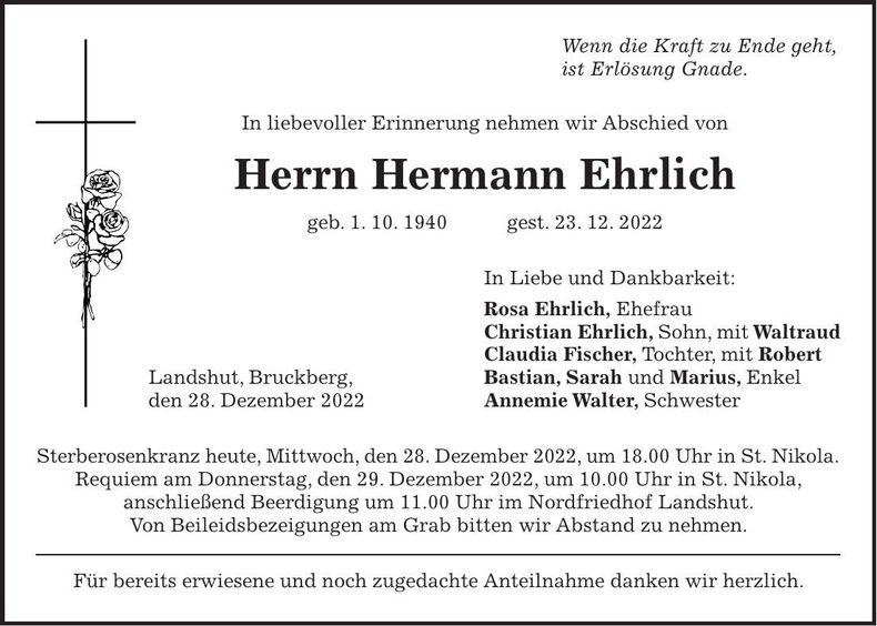 Traueranzeige Hermann Ehrlich