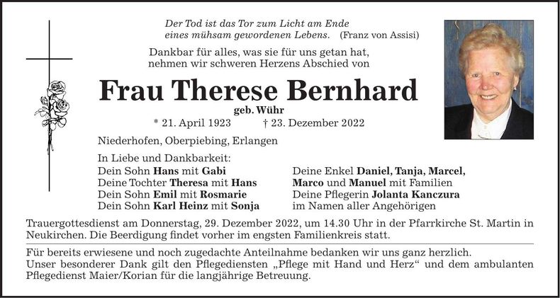 Traueranzeige Therese Bernhard