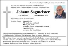 Traueranzeige Johann Sagmeister