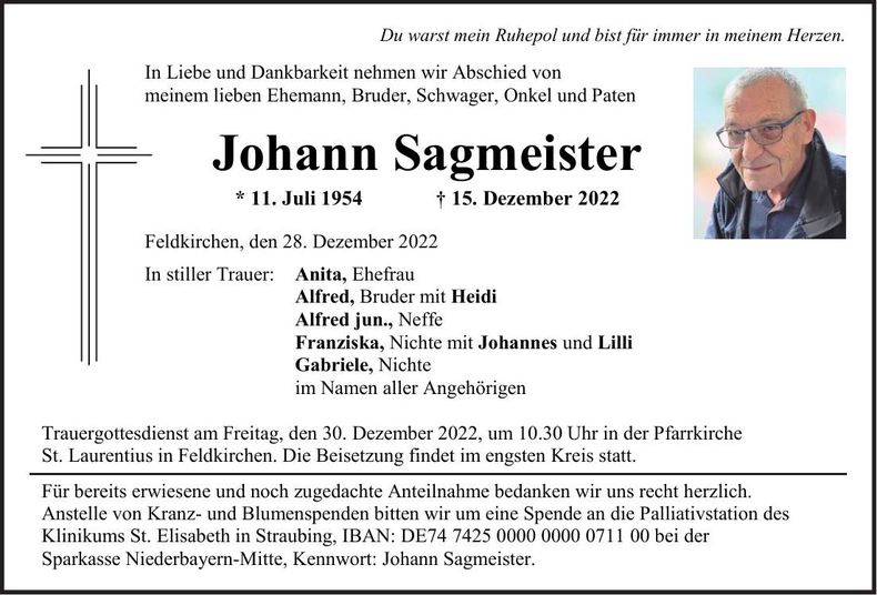 Traueranzeige Johann Sagmeister