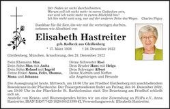 Traueranzeige Elisabeth Hastreiter