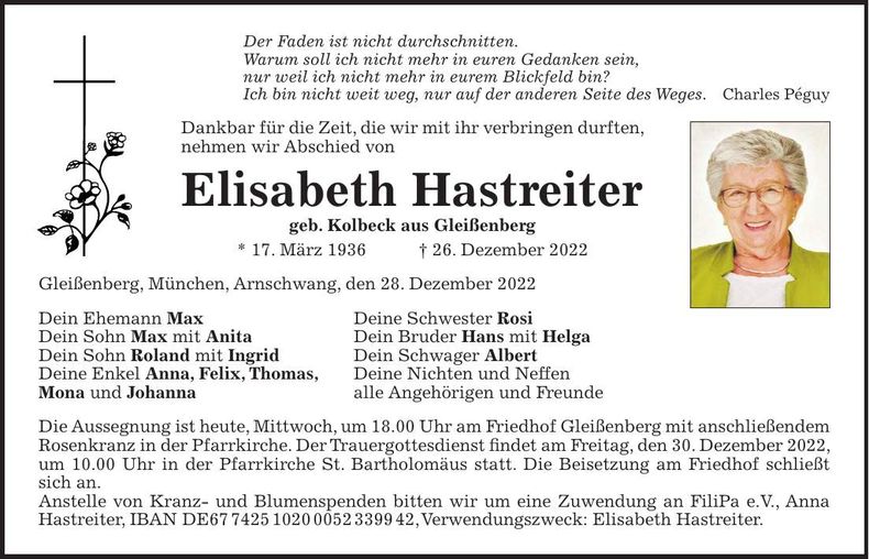 Traueranzeige Elisabeth Hastreiter