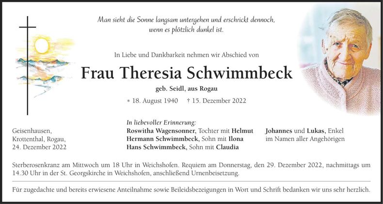 Traueranzeige Theresia Schwimmbeck