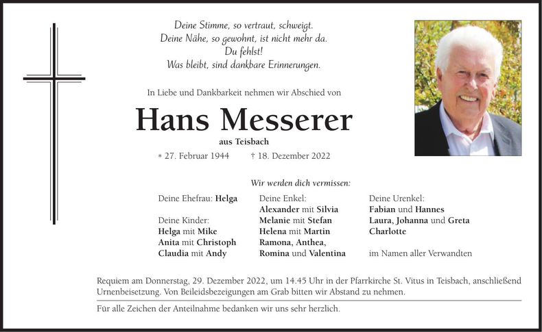 Traueranzeige Hans Messerer