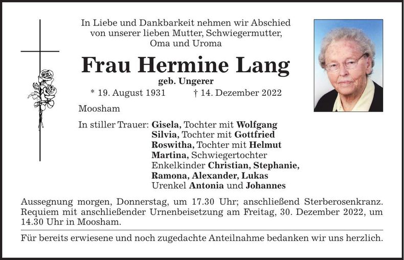 Traueranzeige Hermine Lang