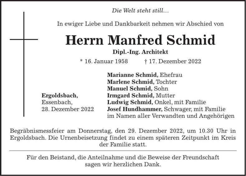 Traueranzeige Manfred Schmid