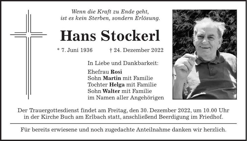 Traueranzeige Hans Stockerl
