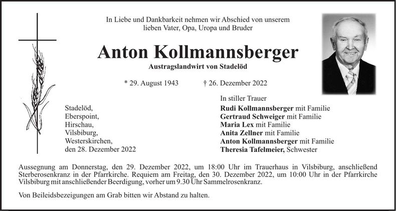 Traueranzeige Anton Kollmannsberger