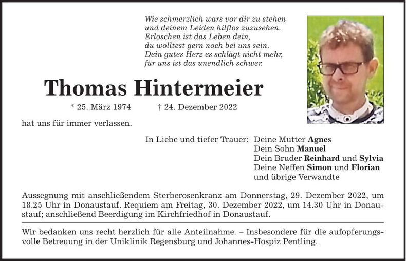 Traueranzeige Thomas Hintermeier