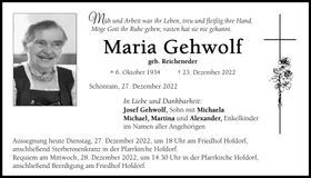 Traueranzeige Maria Gehwolf
