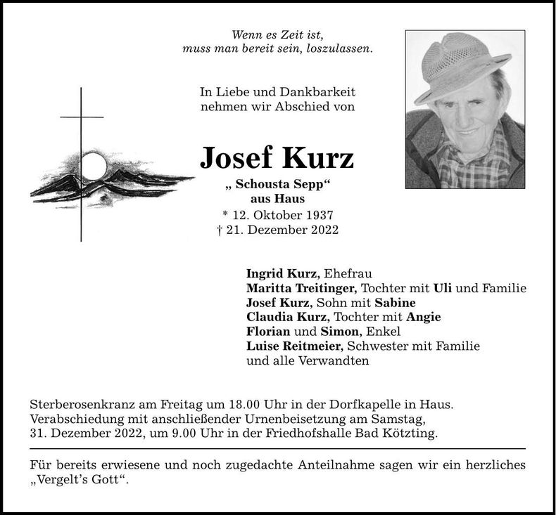Traueranzeige Josef Kurz