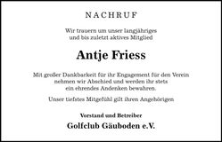 Traueranzeige Antje Friess