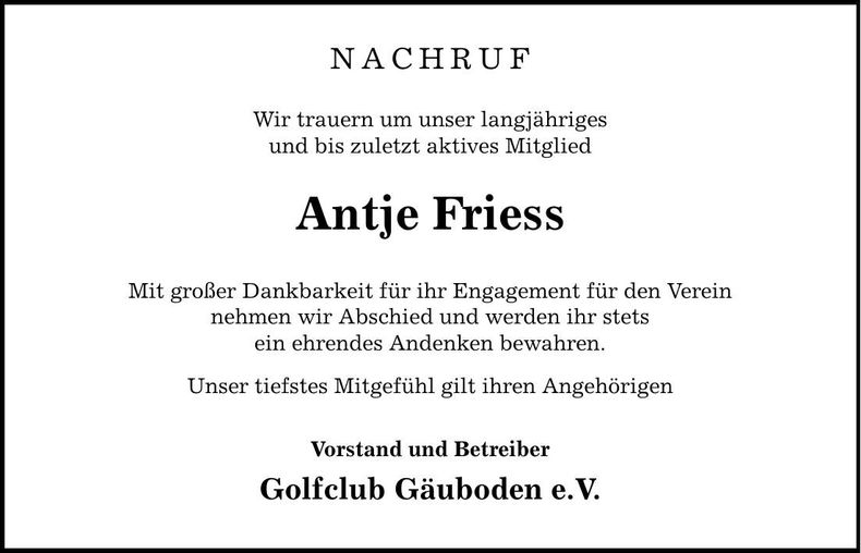 Traueranzeige Antje Friess