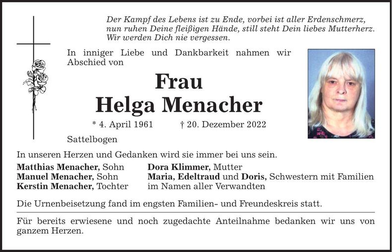 Traueranzeige Helga Menacher