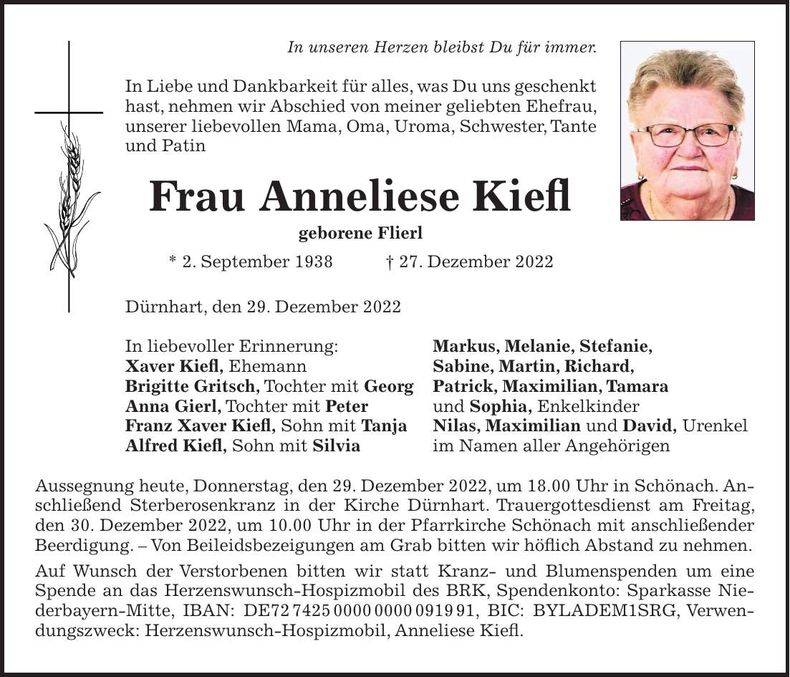 Traueranzeige Anneliese Kiefl