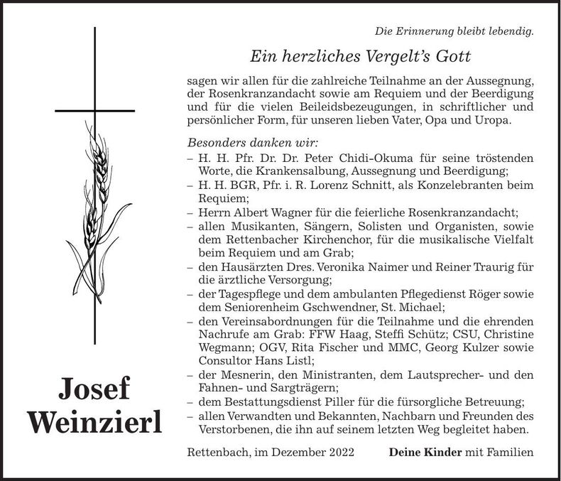 Traueranzeige Josef Weinzierl