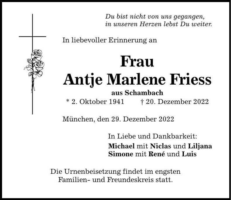 Traueranzeige Antje Marlene Friess