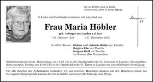 Traueranzeige Maria Höbler