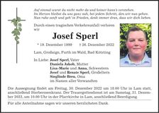 Traueranzeige Josef Sperl