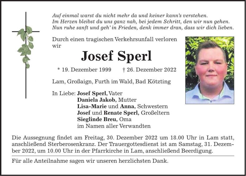 Traueranzeige Josef Sperl