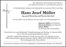 Traueranzeige Hans Josef Müller