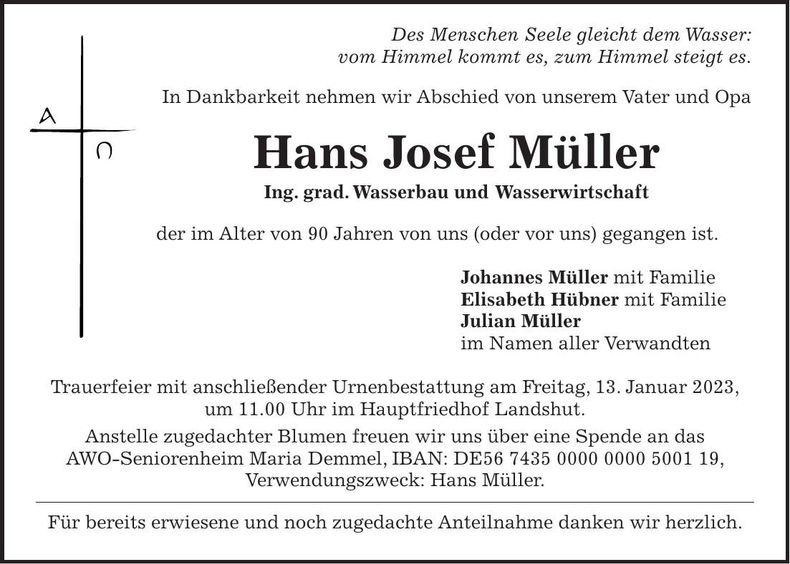 Traueranzeige Hans Josef Müller