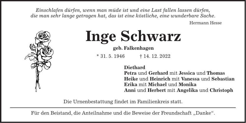 Traueranzeige Inge Schwarz