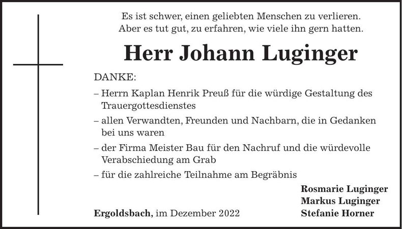 Traueranzeige Johann Luginger