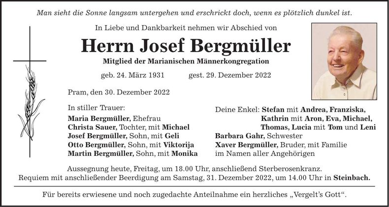 Traueranzeige Josef Bergmüller