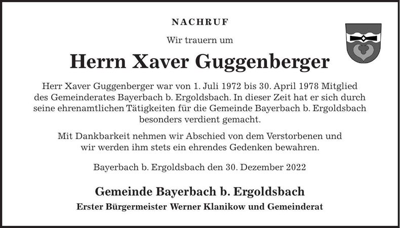 Traueranzeige Xaver Guggenberger