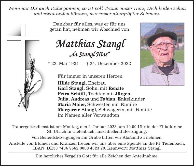 Traueranzeige Mathias Stangl