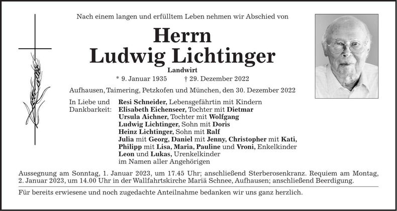 Traueranzeige Ludwig Lichtinger